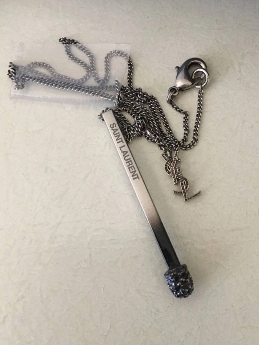 SAINT LAURENT YSL Burnished Silver Tone Crystal Cassandre Necklace 16" NEW